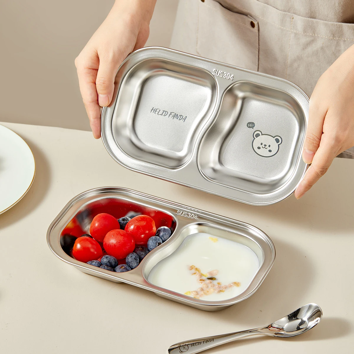 WORTHBUY 2 Compartments Kid Dining Plate 304 Stainless Steel Divided Dinner Plate Kitchen Cute Pattern Child Salad Dinner Tray