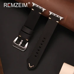 Vintage Crazy Horse Leather Strap - Thick Handmade Band for Apple Watch (Black)
