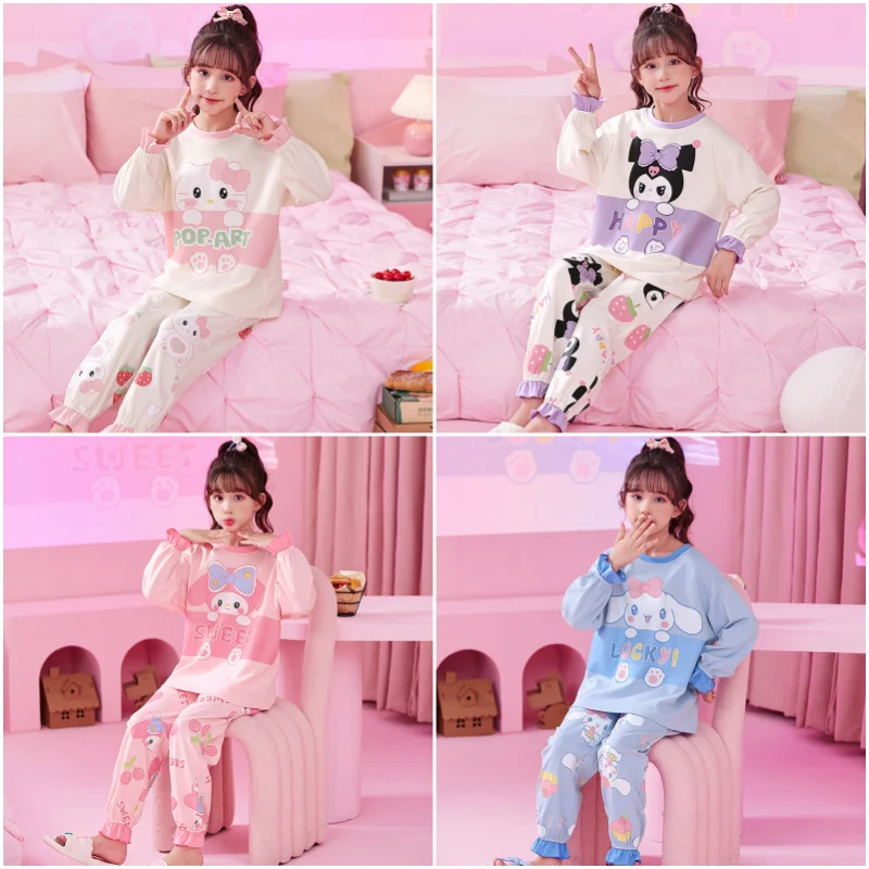 

Sanrios Anime Cartoon Children Pajamas Kuromi Cinnamoroll My Melody HelloKittys Pochacco Girls Long Sleeve Pants Home Clothing