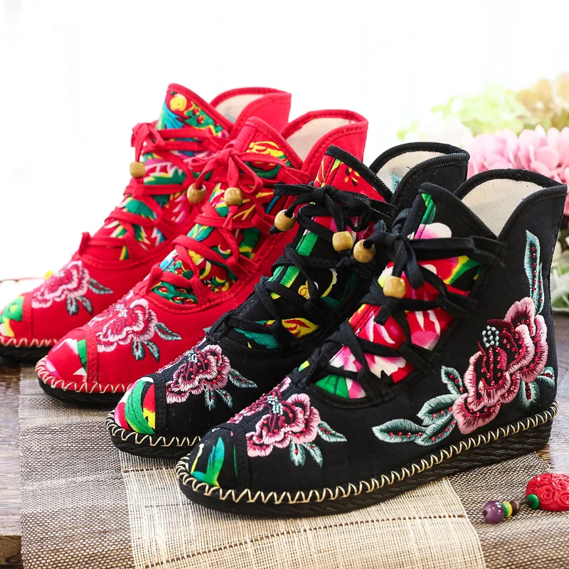 Vintage Flower Embroidered Women Canvas Boots Hidden Wedge Heel Ladies Platforms Shoes Comfort Booties Retro Boats De Mujer