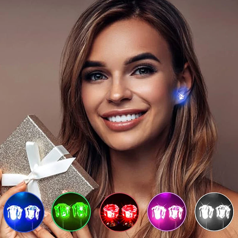 1 pair Led Light up Ear Stud Blinky Diamond Crown Earrings Jewelry for Women and girl dress up bar club props Glow in the dark
