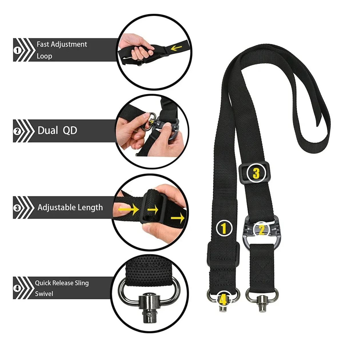 Enhanced Tactical Adjustable Rifle Sling with QD Metal Strap Swivel, Durable Nylon - 2-Point Multi-Mission Release