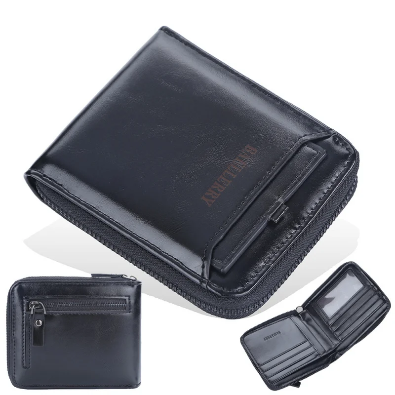 Men's Short Zippered Wallet Vertical Retro Style Cardholder