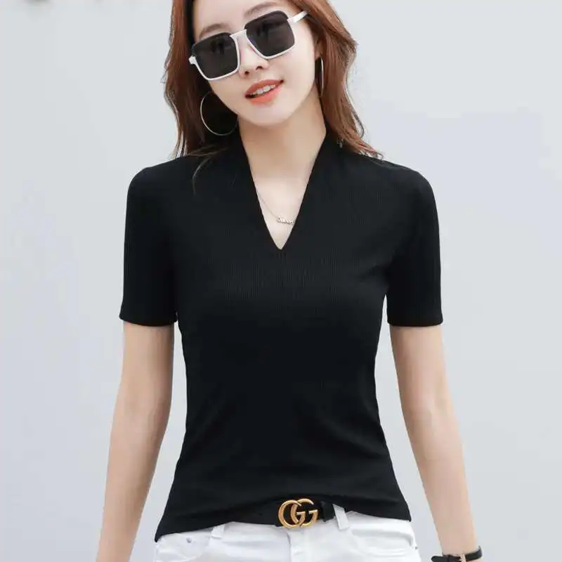 0201 Black Grey Red White Brown Short Sleeve T Shirt Women V-neck