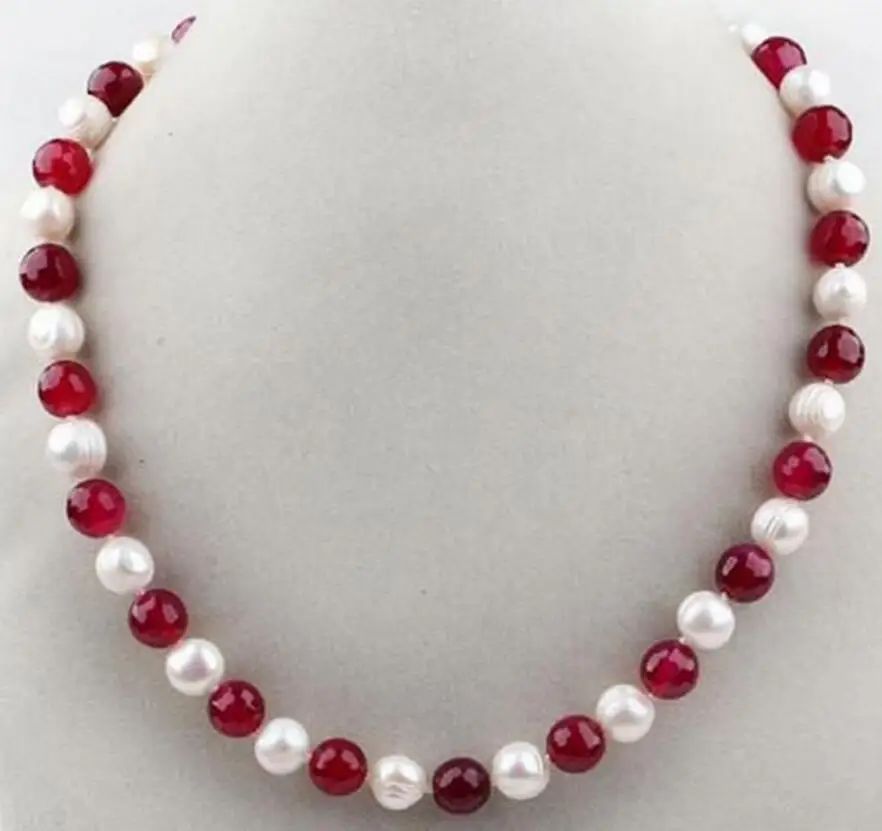 

Длинное ожерелье 18 дюймов 7-8 мм из натурального белого жемчуга и красного нефрита с круглыми бусинами