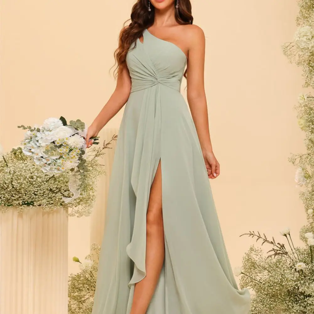 

One-Shoulder Elegant Bridemaid Dresses with Ruffle Slit A-Line Princess Long Wedding Party Dress