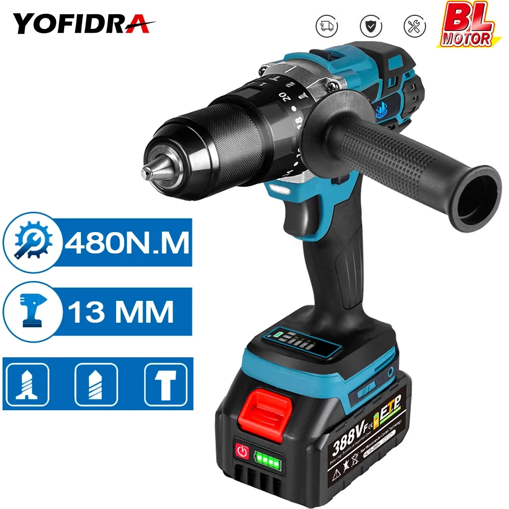 Yofidra 18V 13Mm 480n.m 20 + 3 Koppel Borstelloze Elektrische Klopboormachine 3 In 1 Draadloze Elektrische Schroevendraaier Voor Makita 18V Batterij