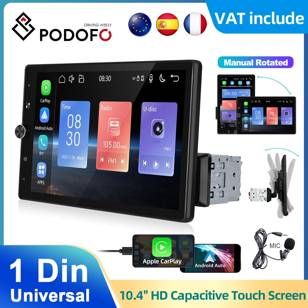 Podofo 1Din 10.4 Pollici Car Mp5 Player Schermo Verticale Rotary Car Stereo Radio Carplay Android Auto Bluetooth Fm Radio Mirror Link