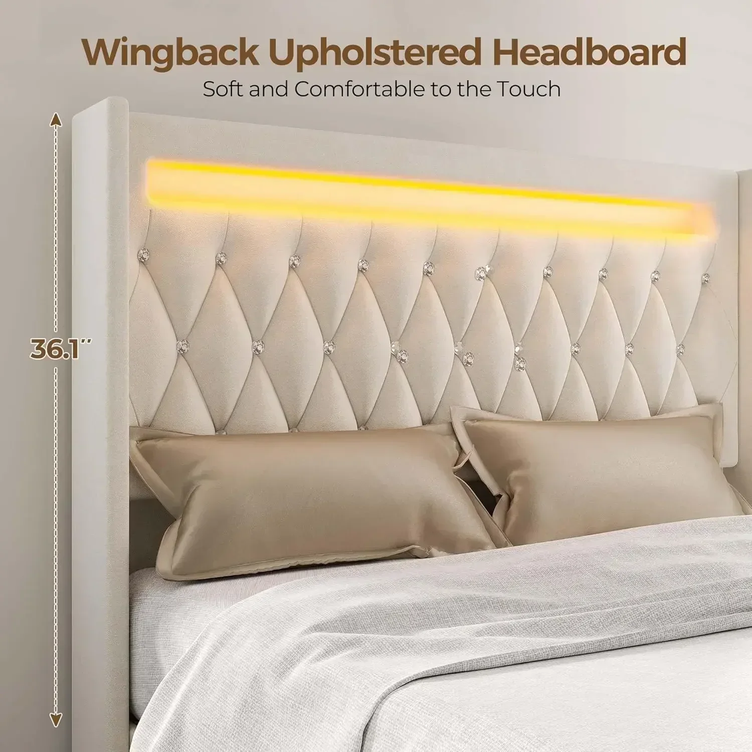 NEW-Queen Bed Frame with LED Light and Charging Station, Upholstered High Headboard and Footboard, Wood Slats, Noise Free