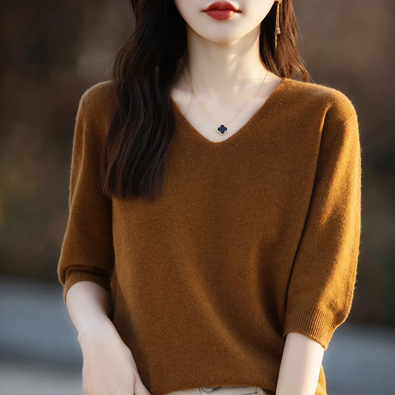 2025 100% ميرينو الصوف محبوك سترة بأكمام قصيرة خط...