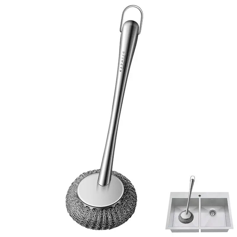 

Scourer With Long Handle Stainless Steel Pans Scouring Scrubber Non-Slip Brush Uitility Gadgets For Non-Stick Pans Iron Pots