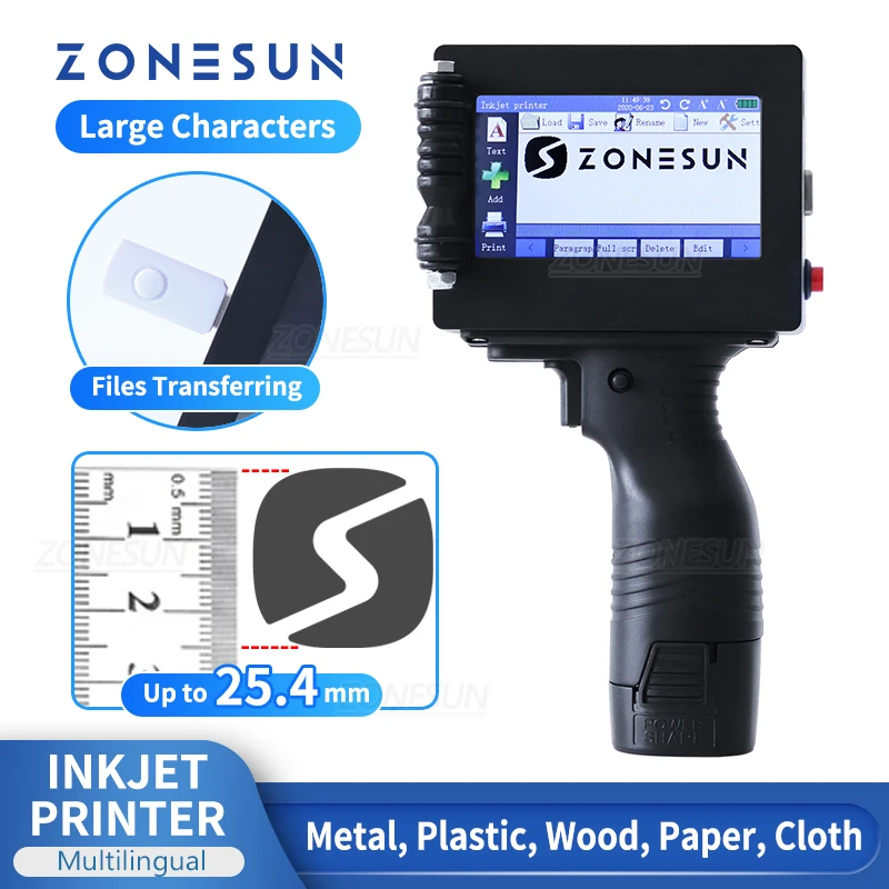 

Ручной струйный принтер ZONESUN, портативный штрих-код 25,4 мм, QR-код, Дата истечения срока годности, серийный номер, логотип, многоязычный цифровой