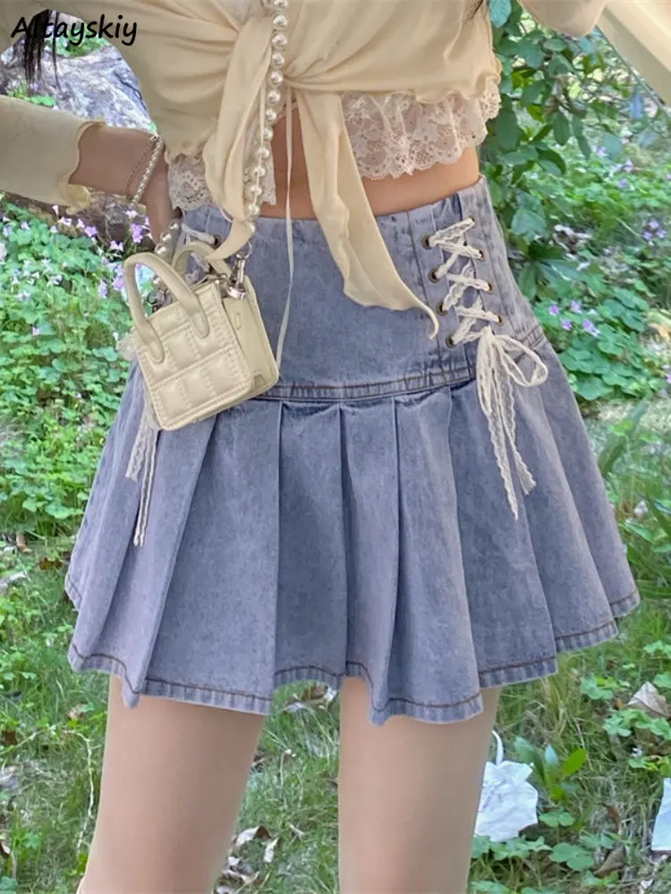 

Denim Pleated Mini Skirts Women Bandage Hotsweet Kawaii Harajuku Summer Юбка Женская Y2k Clothes Korean Fashion Girls Elegant