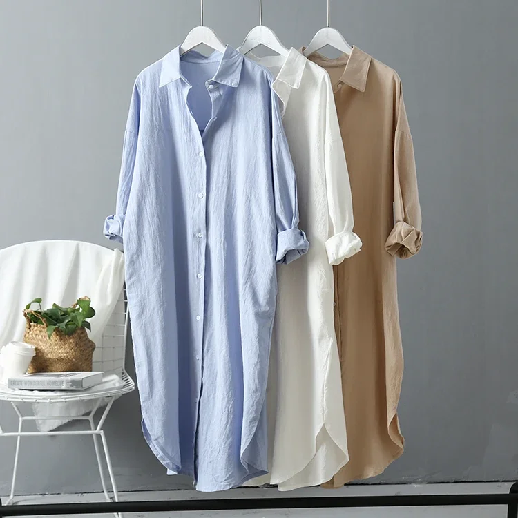 

2023 New Long White Shirt Dress for Women Cotton Spring Fall Casual Korean Clothing Vintage Oversized Midi Robe Loose Cardigans
