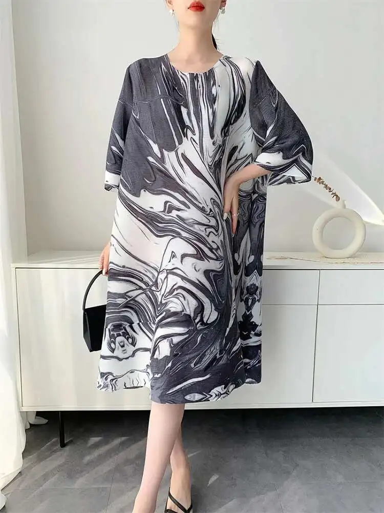 LANMREM Summer Printting Pleated Dress For Women 2025 New Loose Causal Round Collar Half Sleeve Knee Length Dresses Chic 2DB2878 - Image 4