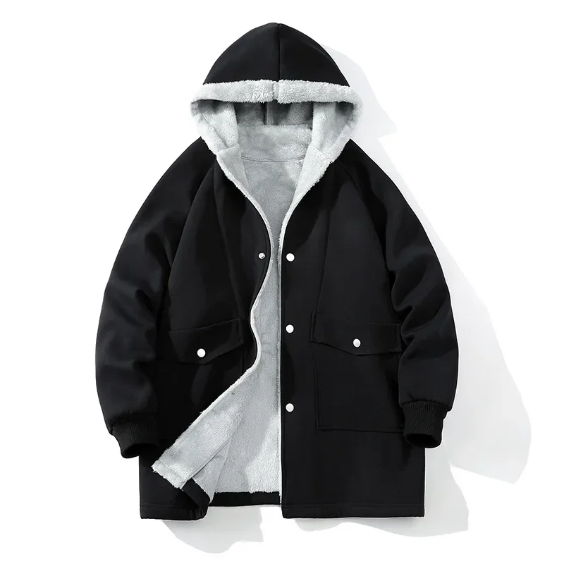 

Новая зимняя мужская Свободная плюшевая утепленная ветровка с капюшоном из овечьей шерсти, большое повседневное пальто средней длины, пальто