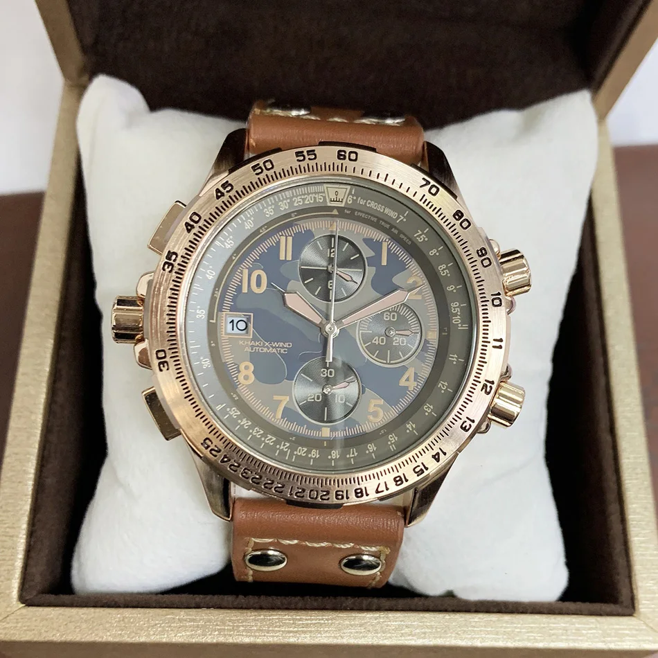 שעוני אופנה מולטיפונקציונליים לגברים עם מנגנון כרונוגרף בצבעים כחול, צבאי, צהוב ושחור עם מסגרת מוארת ועור קנבס