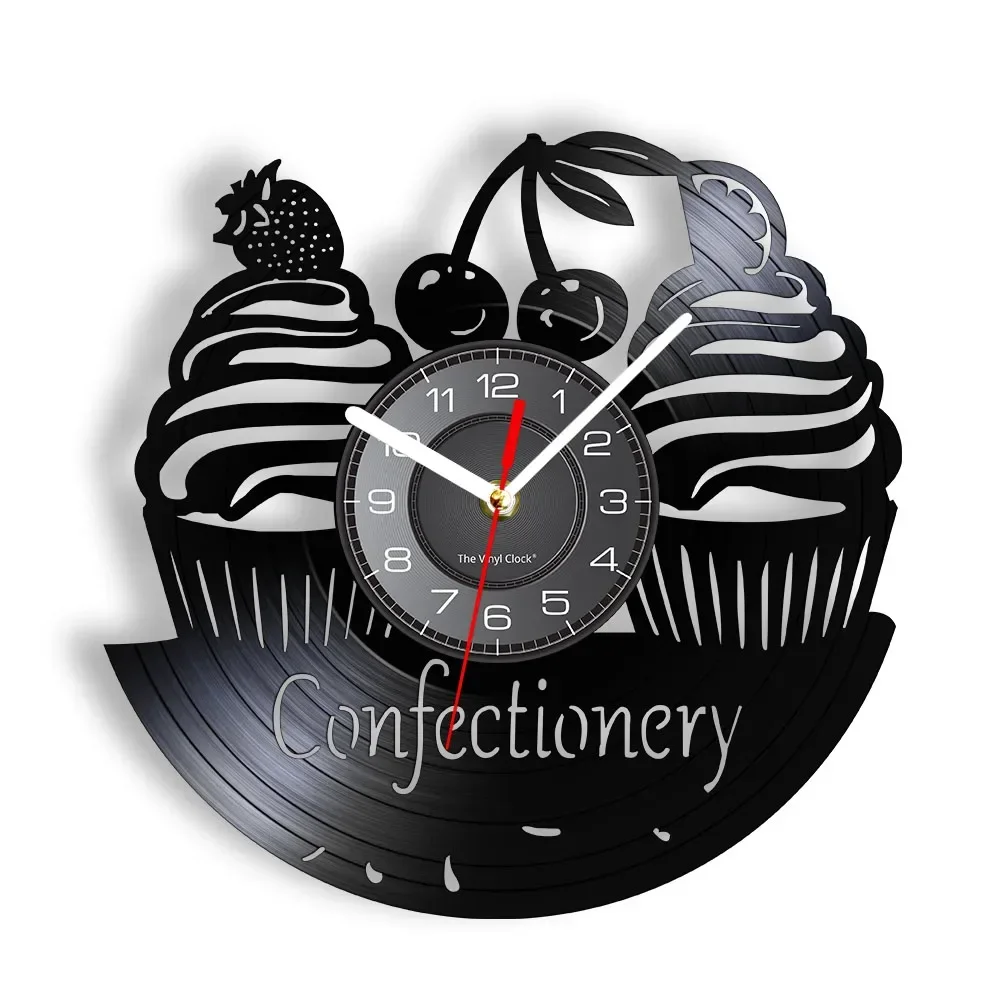 

Confectionery Business Wall Sign Modern Wall Clock Sweets Cupcake Vinyl Record Wall Clock Bakery Cherry Cake Decorative Clock