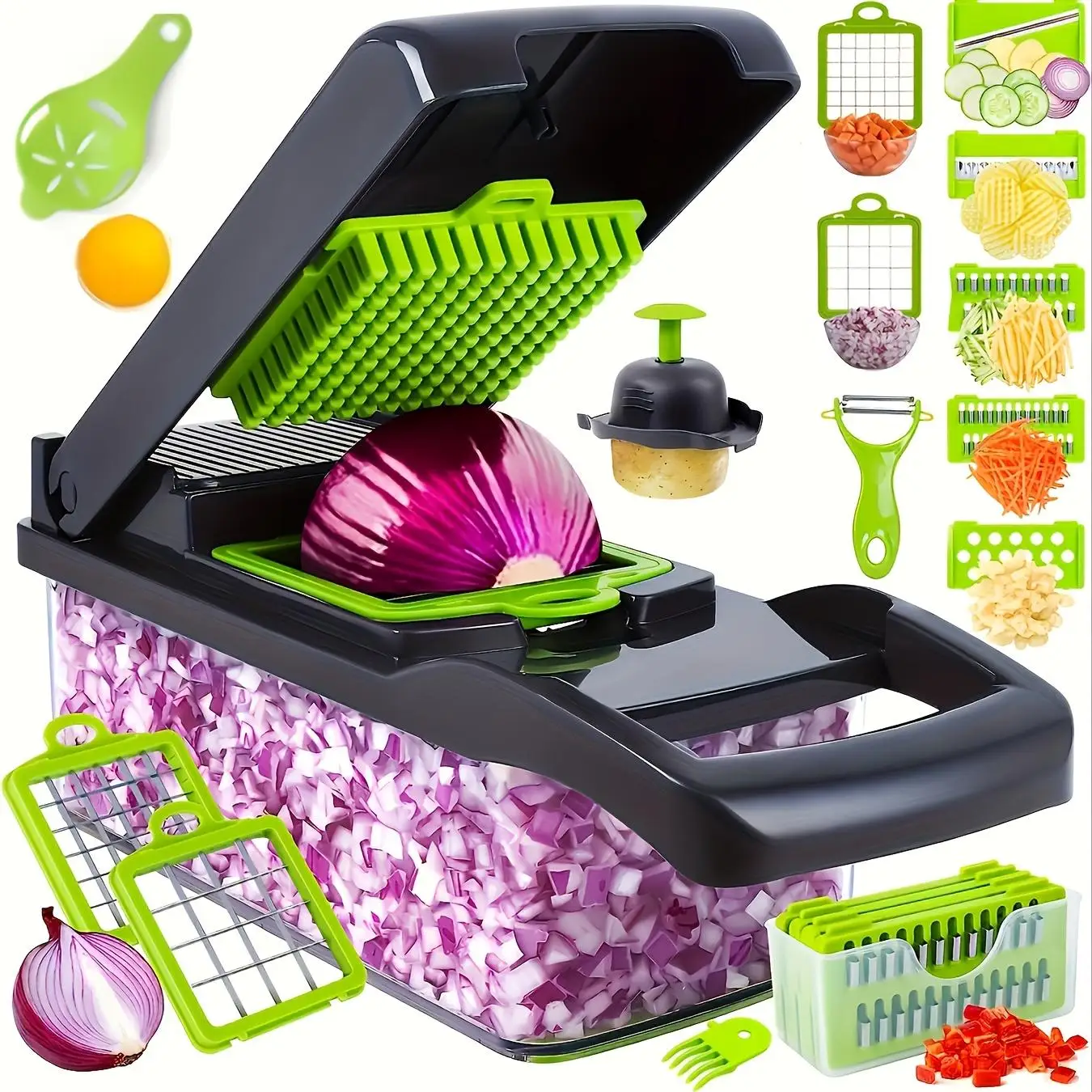 16-In-1 Multifunctional Vegetable Chopper with Container, Manual Food Slicer for Onion Carrot Garlic, Kitchen Gadget Set with St