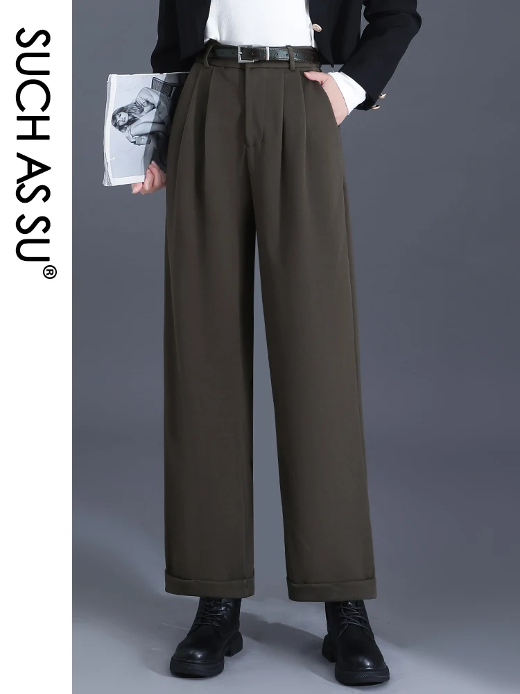 

High Quality Women Wide Leg Pants 2023 Autumn Winter Mid Long Woolen Elastic Waist Large S-3XL Size Pockets Trousers Female