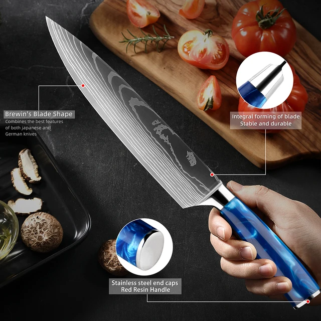 XITUO kitchen knives Set Exquisite blue resin handle Laser Damascus pattern Chef knife Santoku Cleaver Slicing Knives Best Gift 4