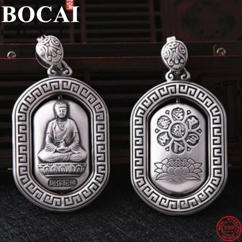 

BOCAI S990 Sterling Silver Pendants for Women Men Eight Buddha of Life Six Character Mantra Lotus Rotatable Amulet Free Shipping
