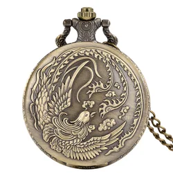 Exquisite Phoenix Relief Display Necklace Watch Full Hunter Quartz Pocket Clock Bronze Sweater Chain Antique Timepiece Gift