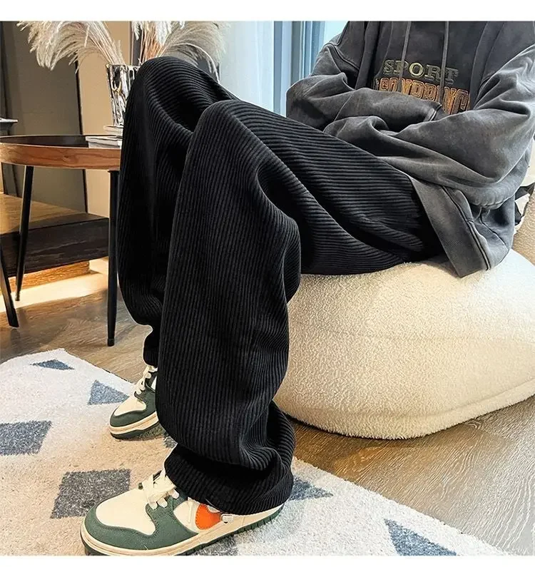 Description Picture 5 of itemAutumn Corduroy Straight Trousers Men Loose Solid Casual Drape Trousers Harajuku Fashion Drawstring Street Wide Leg Sweatpant