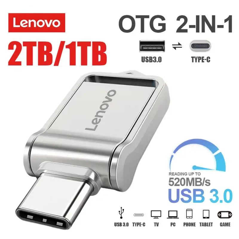 레노버 USB 플래시 드라이브, OTG 듀얼 플래시 메모리, 휴대용 플래시 드라이브, USB 3.0, C 타입 인터페이스, 고속 파일 전송, 2TB 