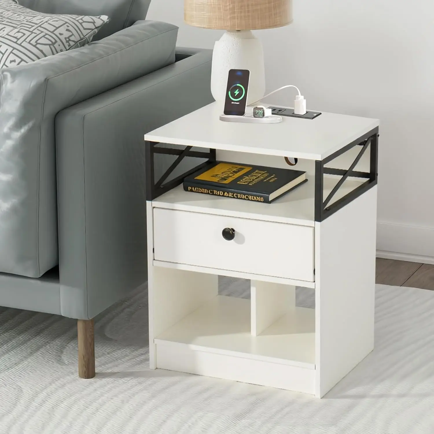Night Stand with Charging Station and LED Light, End Table with 1 Drawers and Storage Shelf, Bedside Table with 2 USB Ports