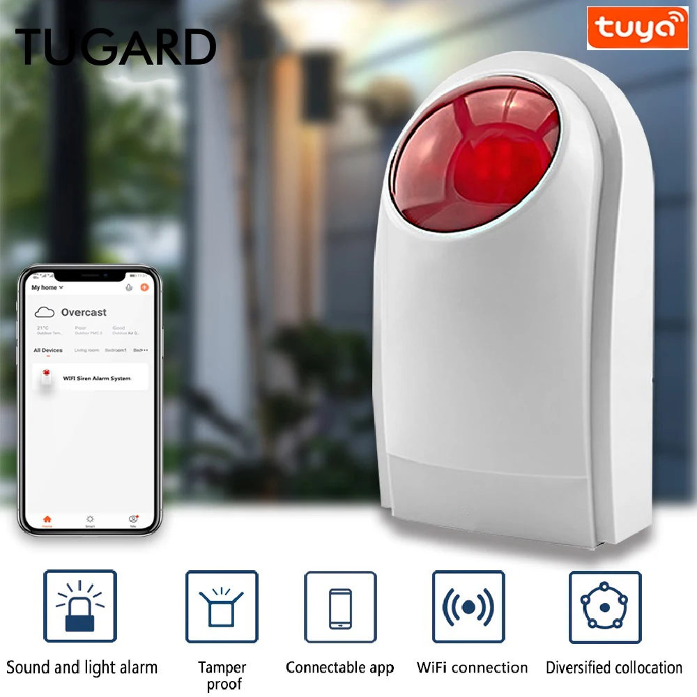 Охранная сирена TUGARD с Wi-Fi, стробоскопический датчик, внешний звук, будильник для Tuya Smart Life