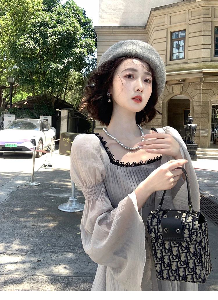 Autumn Princess Midi Dresses for Women Square Collar Flare Sleeve A-line Party Dress Slim Waist Korean One Piece Vestidos New