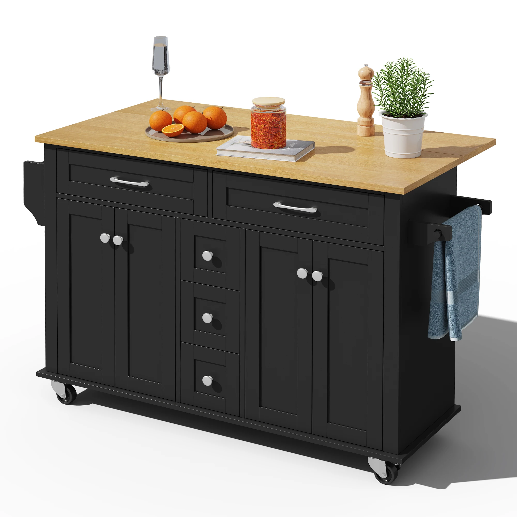 Multifunktionaler Küchenwagen mit ausklappbarer Arbeitsplatte, erweiterbar auf 120×65 cm, mit 5 Schubladen, Schränken, Gewürz- und Handtuchhaltern – Detail 23