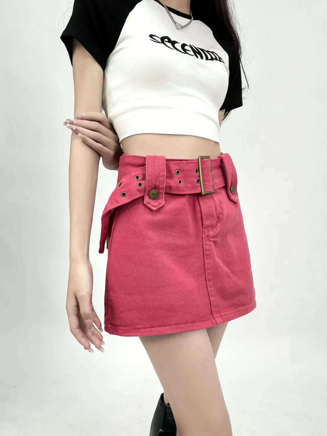 Rose Red Women's Jeans Skirt Belt Mini Denim Skirt High Waist Y2K Street Summer Vintage Sexy Hottie Ladies Wide Leg Short Skirt