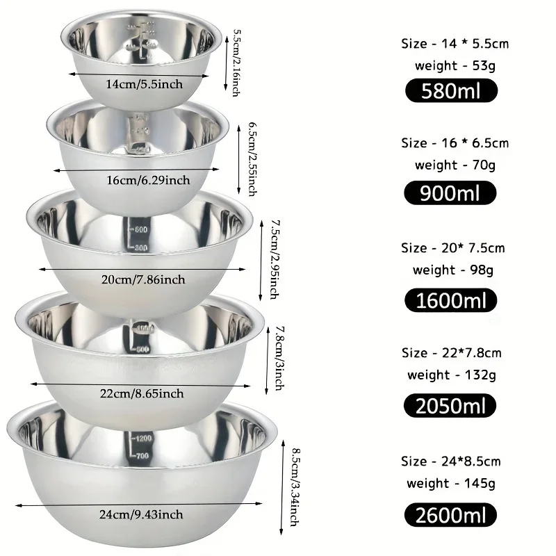 

5pcs Non-Slip Stainless Steel Mixing Bowls Set - Perfect for Kitchen Cooking and Baking - Nesting Design for Easy Storage
