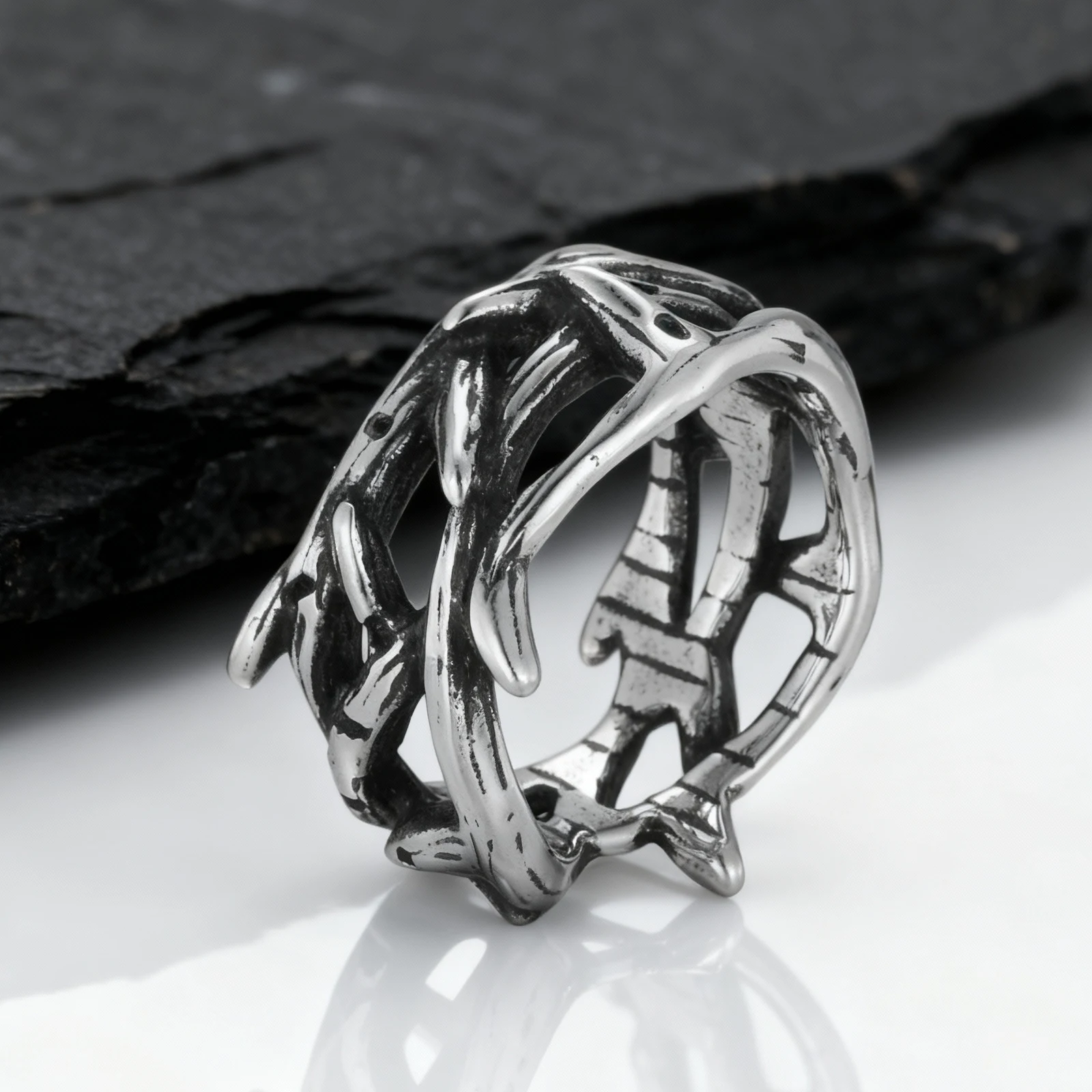 Vintage aushöhlen Edelstahl Dornen Ring für Männer, 11mm Breite Retro Silber Farbe Metall Ast Ring, Punk Schmuck Geschenk