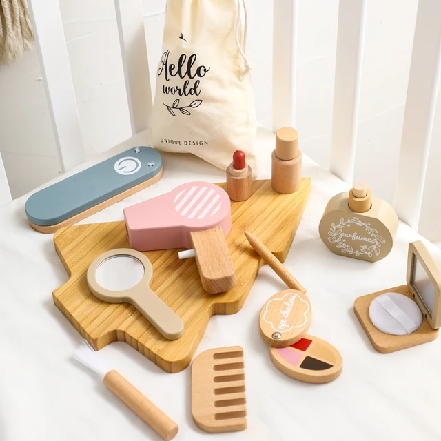 Children Montessori Makeup Toys Wooden Girls Makeup Set Play House Props Educational Toys Kids Dressing Cosmetic Set Toys Gifts