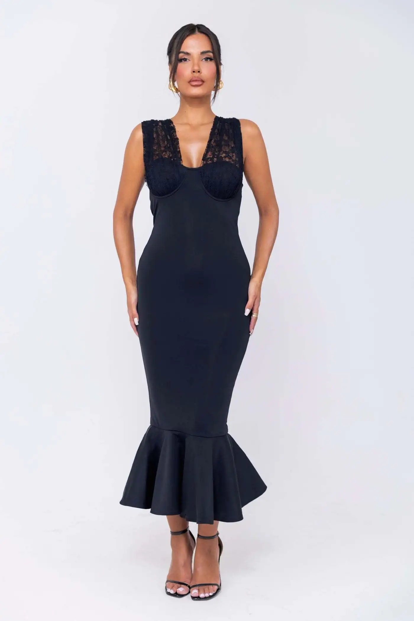 Sexy Hanging Collar Lace Patchwork Deep V Evening Dress Women Elegant Backless Party Club Vestido Autumn/winter New