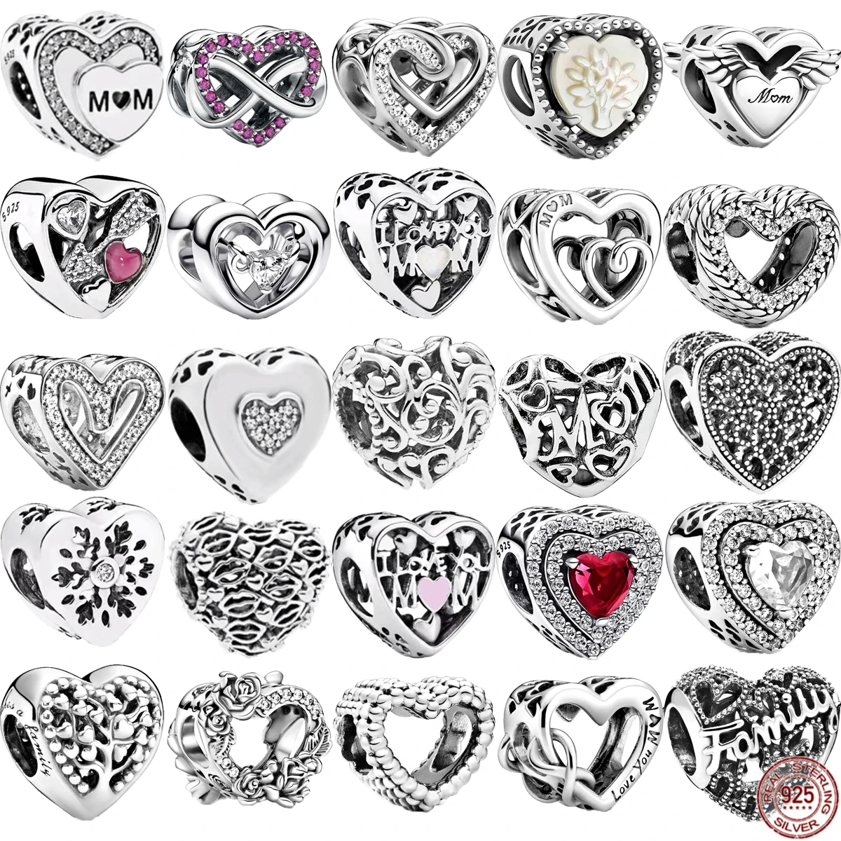 

Hollow Out Heart-Shaped Charm Beads 925 Sterling Silver Rose Flowers Love You Mum Fit Original Pandora Bracelet Fashion Jewelry