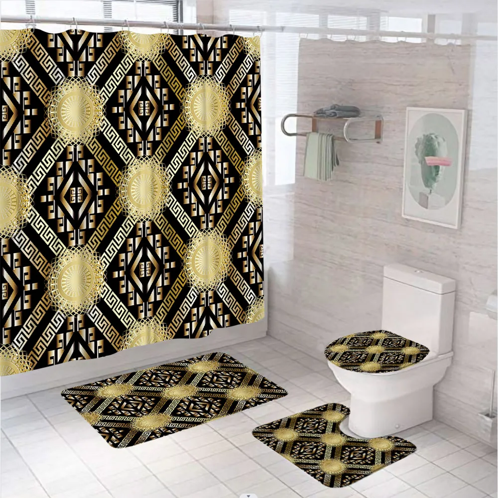LuxuryEuropeanBlackGoldBathroomCurtainsBohemiaPaisleyShower