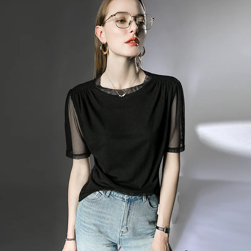 

High Quality 2023 Women Tops Mesh Loose T-shirt Female Clothing Spring Summer Sexy Crop Top Clothes Fashion Casual Blouse Y2k
