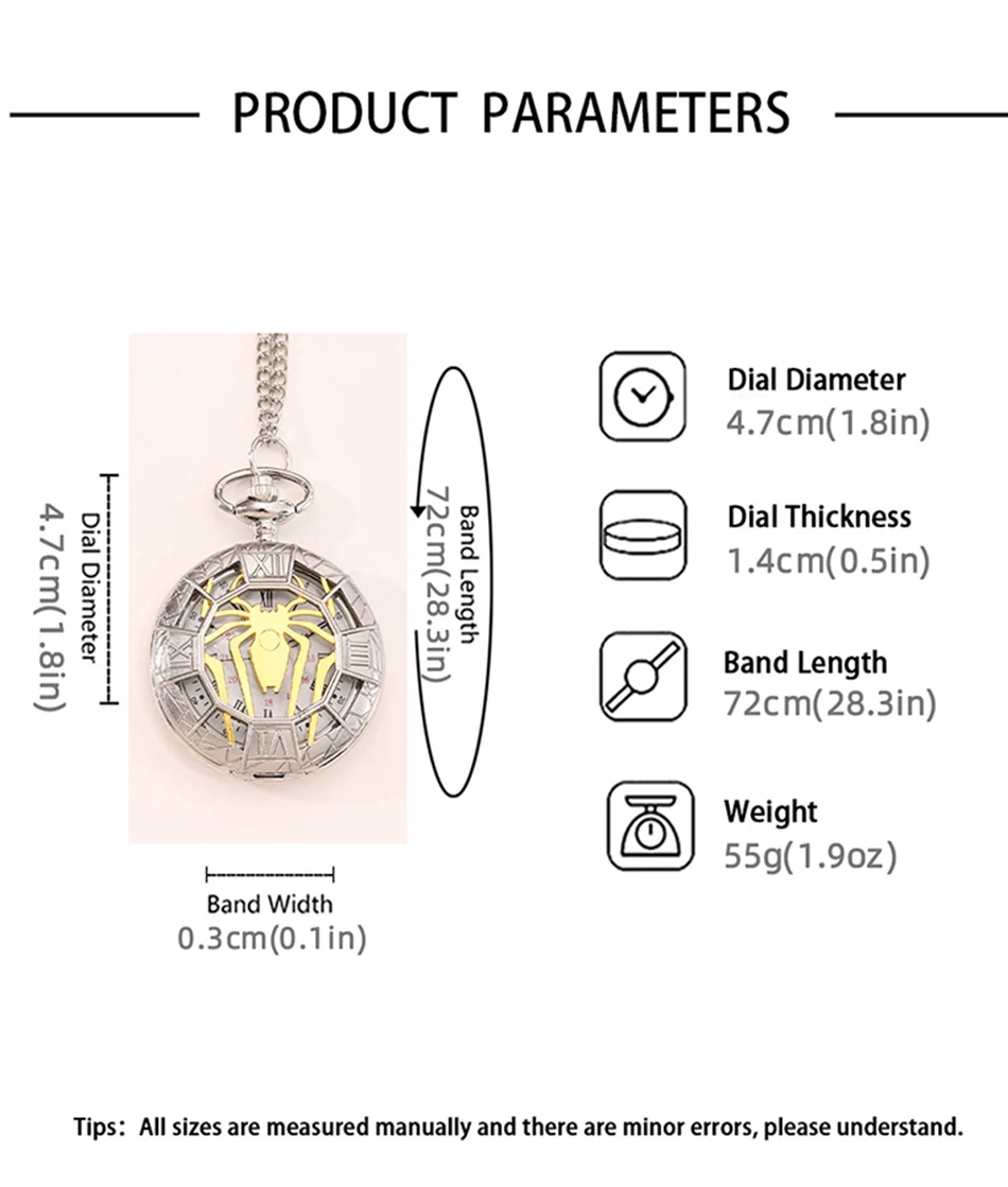 Antique Skeleton Spider Vintage Roman Numerals Quartz Pocket Watch Necklace Pendant Clock Chain Men Women with Chain Gifts
