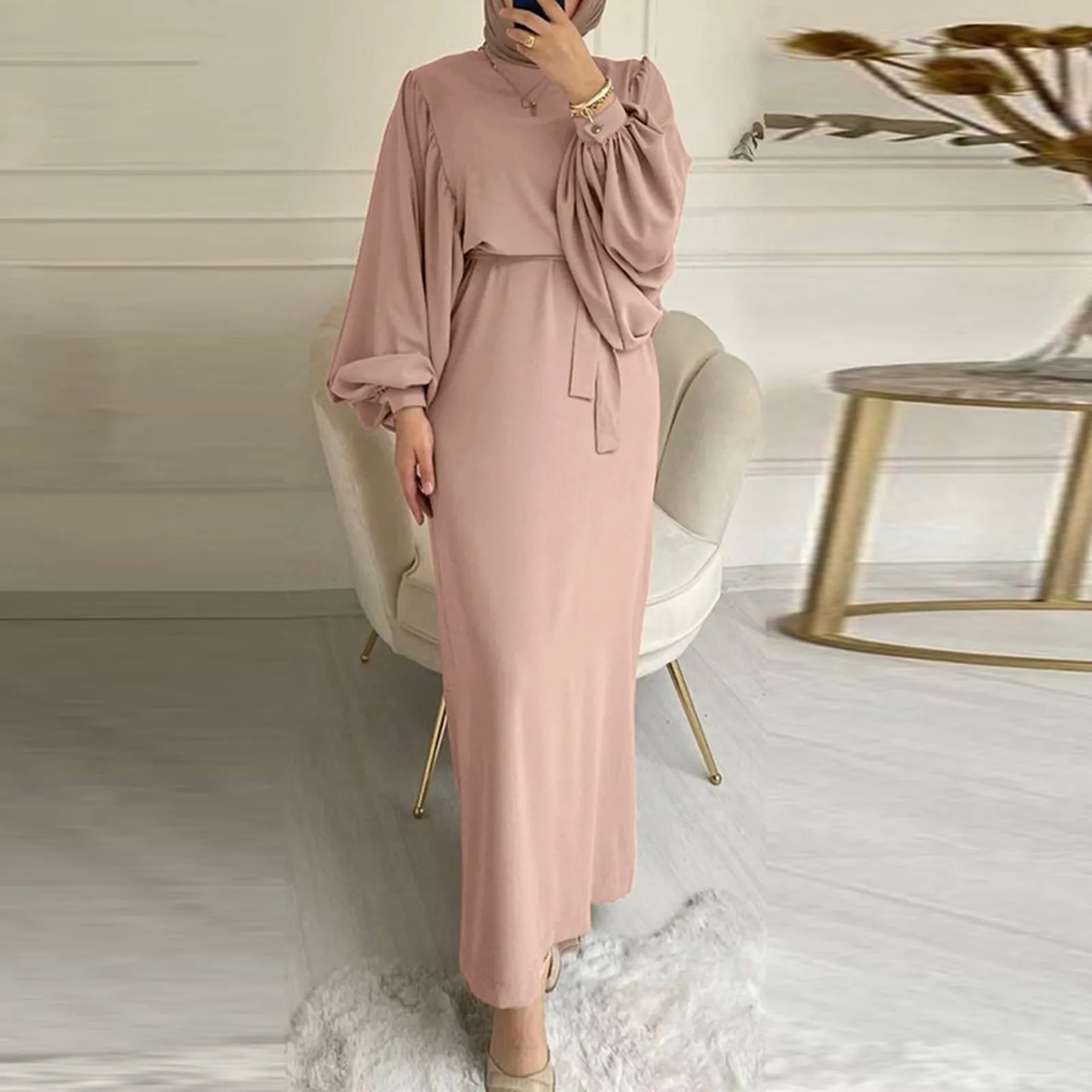 

Women's Muslim Round Neck Long Sleeve Lace Up Dresses Clean Color Casual Muslim Robe Solid Color Elegant Prayer Clothes