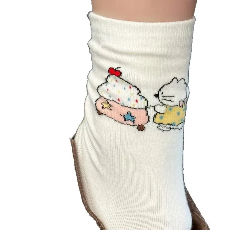 5 Paar weiße, niedliche Cartoon-Socken, lässige, bequeme Damen-Socken in mittlerer Länge, Frühlings- und Herbst-Socken mit schweißabsorbierendem Fleece. – Detail 8