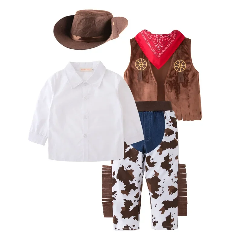 Kids clothing set boys clothing set boys vest set Baby Clothes Boys Cowboy Costume For Kids Children Cosplay Clothing Sets Vest+Trousers Pants+Scarf+Hat 4pcs Toddler Outfits Suit