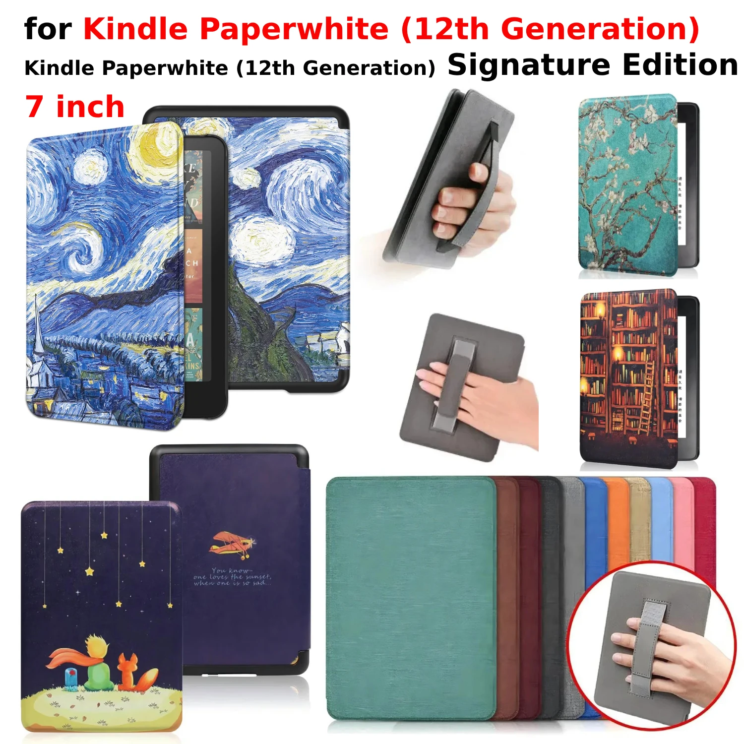 Miimall Lederen hoesje compatibel met Kindle Colorsoft Signature Edition/Kindle Paperwhite 7 inch 2024, [Handriem] [Auto Wake/Sleep] Schokbestendige beschermende folio hoes voor Kindle Colorsoft-Rood
