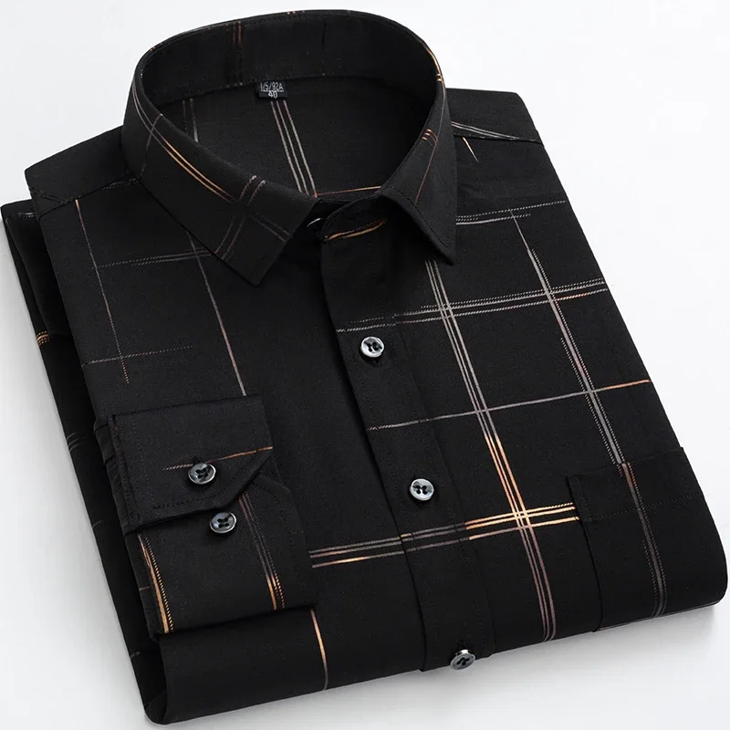New in shirt plus size bronzing elastic long-sleeve shirts for men non-iron slim fit formal plain shirt casual plaid clothes