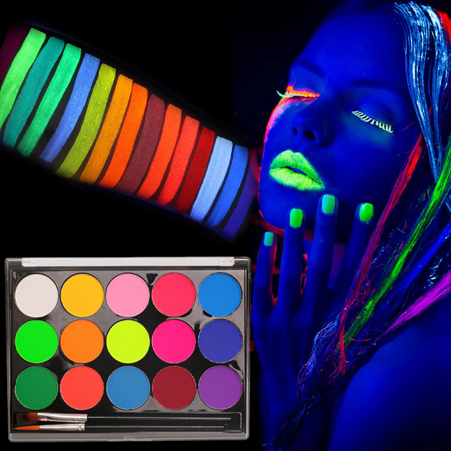 15-Color Uv Fluorescent Water-Based Facial Painting Set, Body Painting, Easy to Color, Easy to Clean, Art Party Halloween Carnival Rainbow Role-Playing, Body Graffiti