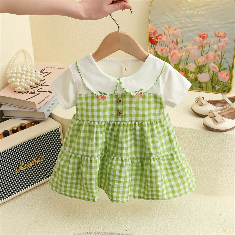 Baby Girl Dress Short Sleeved Cherry Collar Plaid For 6-24 Months girls dress,baby girl dress