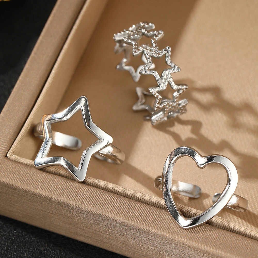 Stainless Steel Rings Love Heart Shiny Star Delicate Pattern Rings For Women Jewelry for Friends Party Gift Adjustable Opening 4